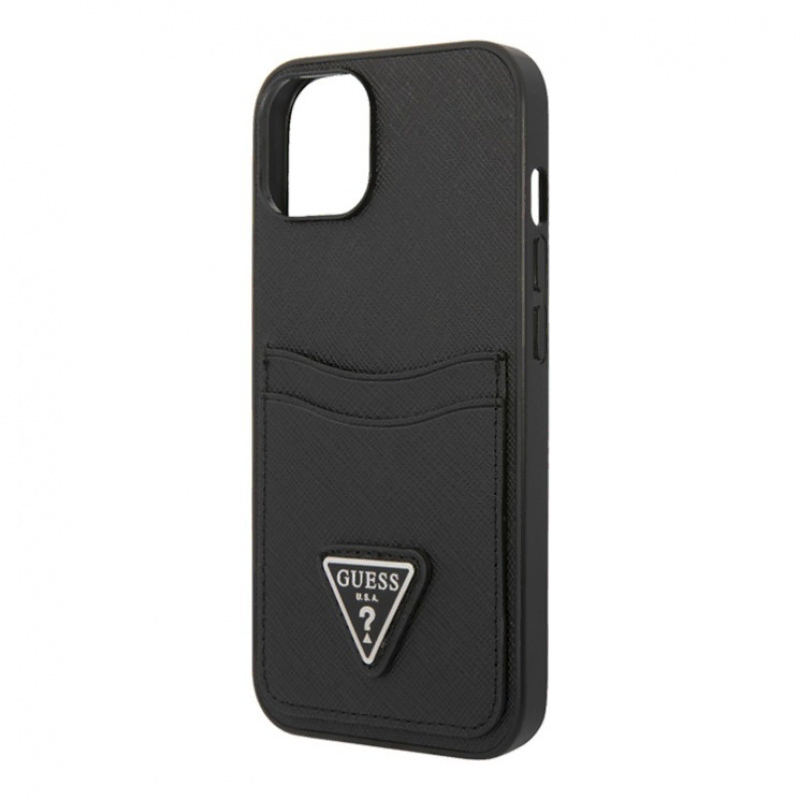 Guess для iPhone 14 чехол PU Saffiano Double cardslot Metal triangle logo Hard Black