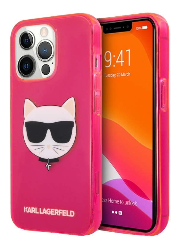 Чехол iPhone 13 Pro Max Lagerfeld TPU FLUO Choupette Hard Transp Pink